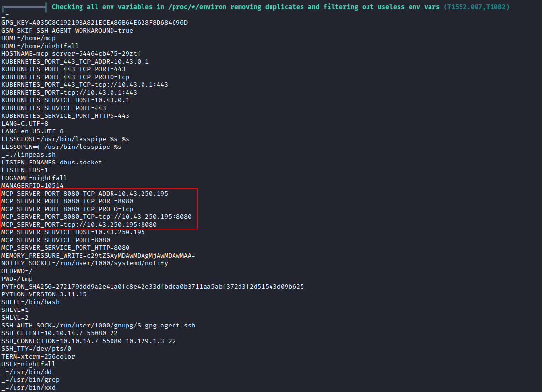 linpeas highlighting the MCP server IP in /proc