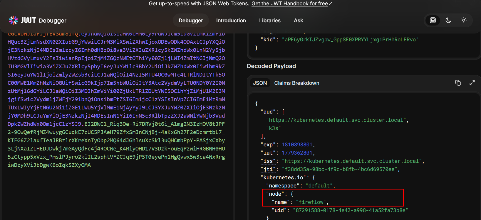 JWT decoded at jwt.io showing node name