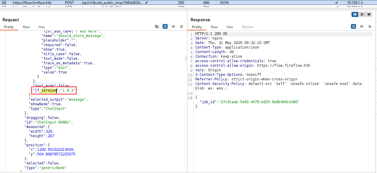 Burp showing Langflow version in the response
